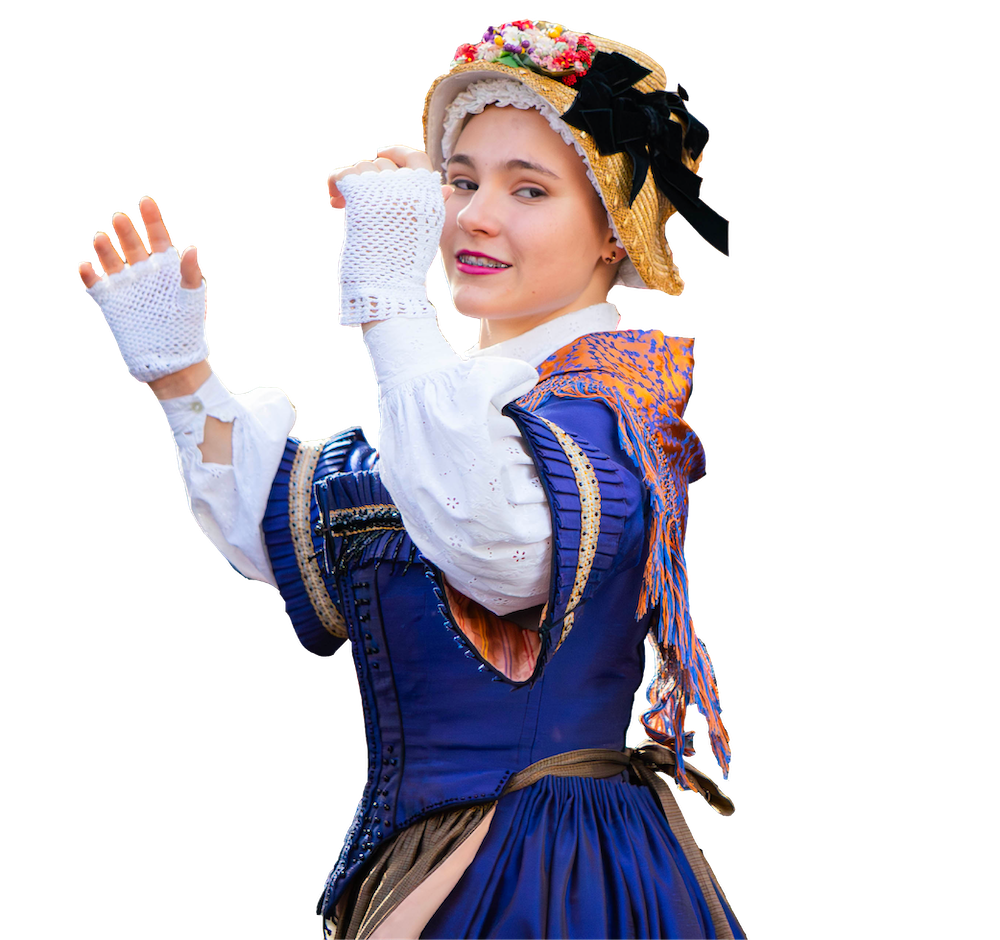 Image détourée d'une femme en costume traditionnel auvergnat en train de danser